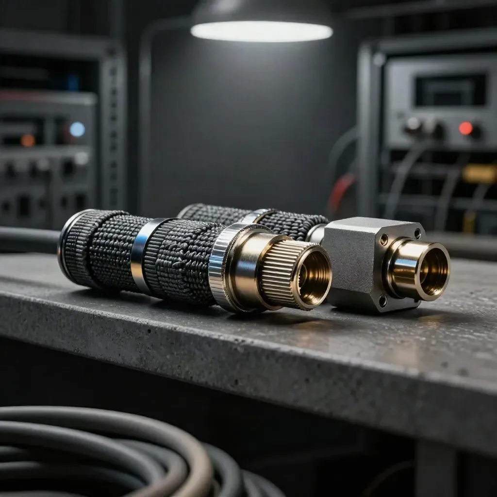 Cable couplers and ethernet connectors in a dim workshop with dramatic light