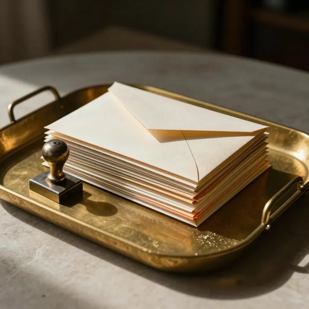 Brass cash tray with sealed envelopes and a metal stamp base on pale stone, lit from upper left.