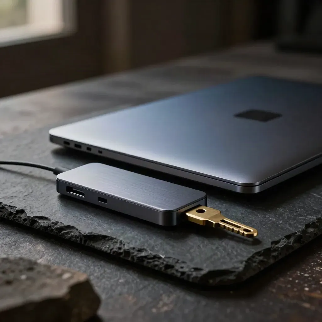Closed laptop, USB dock, and hardware key on dark stone under dramatic studio light.