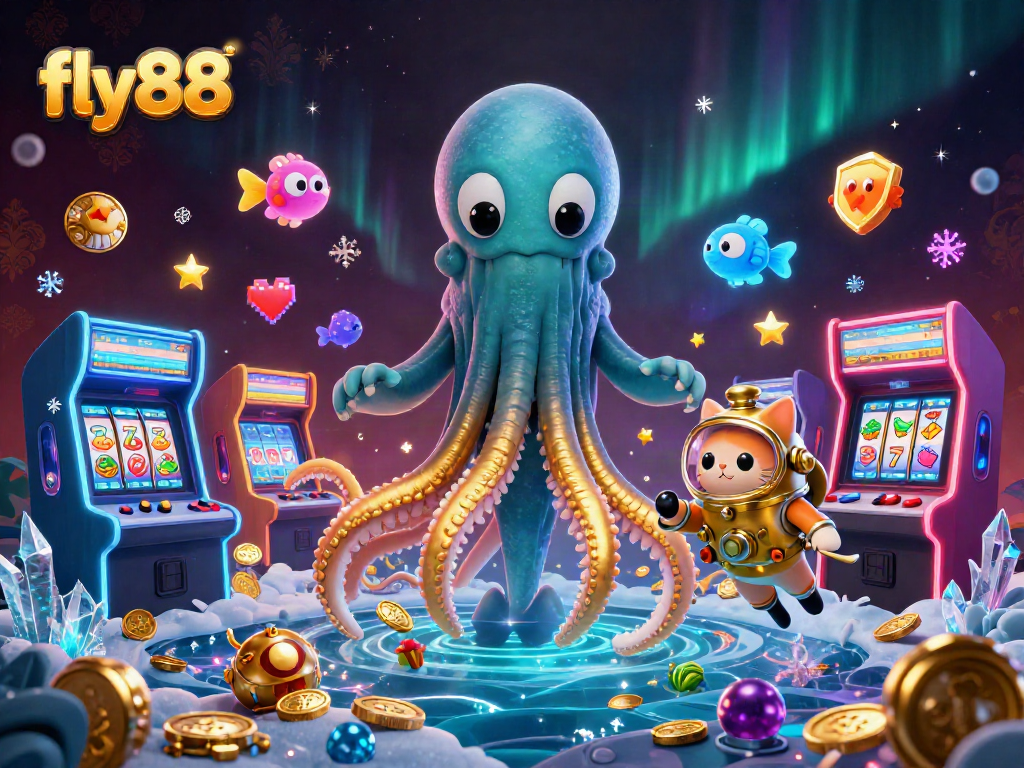 Engage with the vibrant world of fly88 as the kraken guards treasures amidst arcade machines and slot symbols.