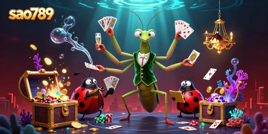 Sao789 offers a vibrant gaming experience with a giant mantis dealer showcasing cards and chips.
