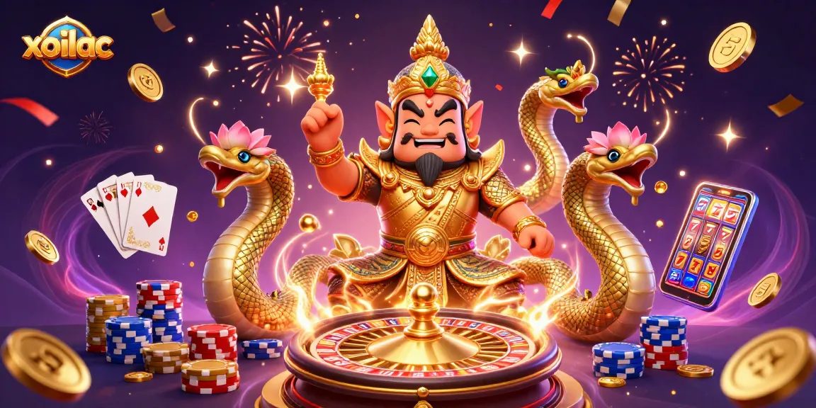 Xoilac features a vibrant scene with golden coins, roulette wheels, and thrilling slot machines.