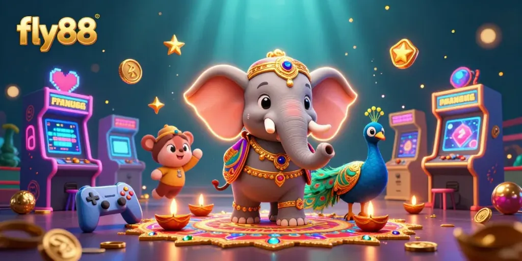 Experience the excitement of fly88 with a vibrant 3D casino scene showcasing colorful characters and games.
