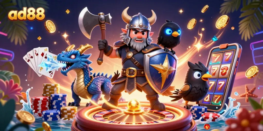 Experience thrilling gaming at ad88 with a dynamic 3D illustration showcasing epic casino elements.