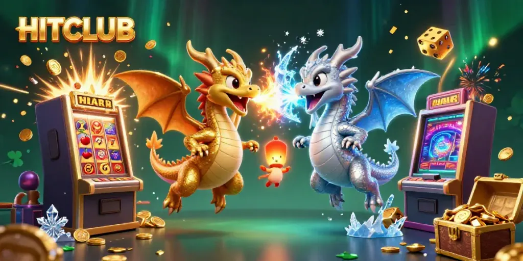 Experience the excitement of HITCLUB with vibrant dragons and casino elements in a jackpot explosion.