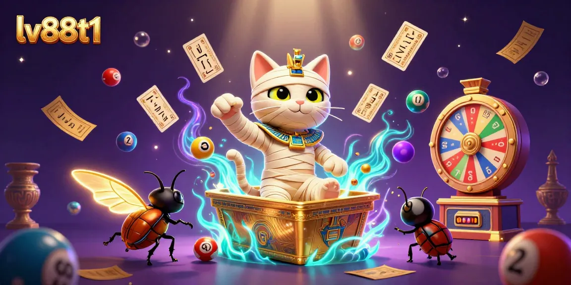 Experience the excitement of lv88t1 with a mummy cat and a scarab beetle in a vibrant casino setting.