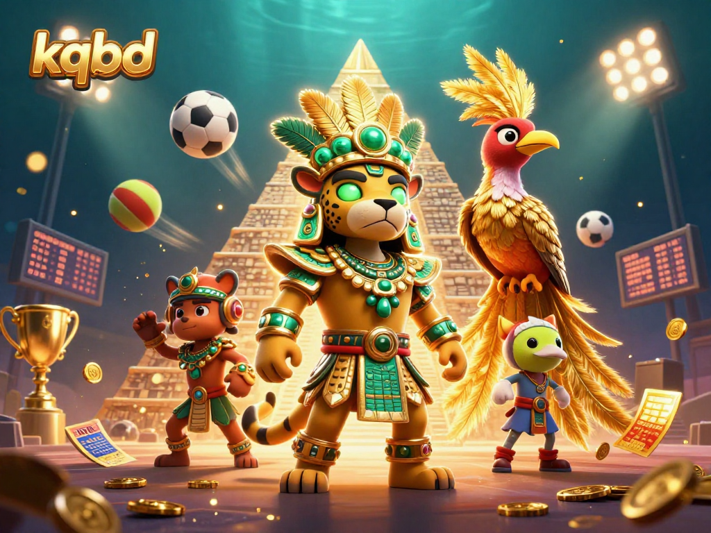 Place bets on kqbd as the jaguar priest celebrates with sports balls, trophy, and vibrant colors.