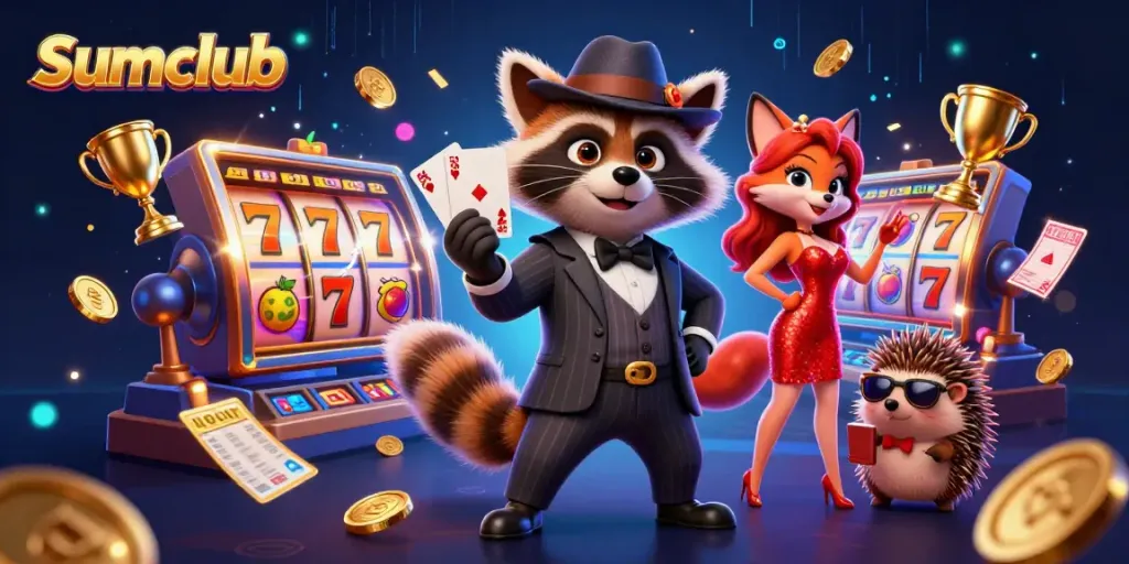 Experience thrill at Sumclub with raccoon holding a royal flush amidst slot reels and trophy symbols.