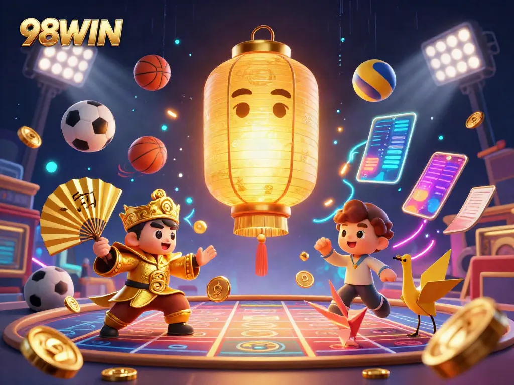 Experience the thrill of 98WIN with a vibrant scene featuring unique characters and dynamic sports betting elements.