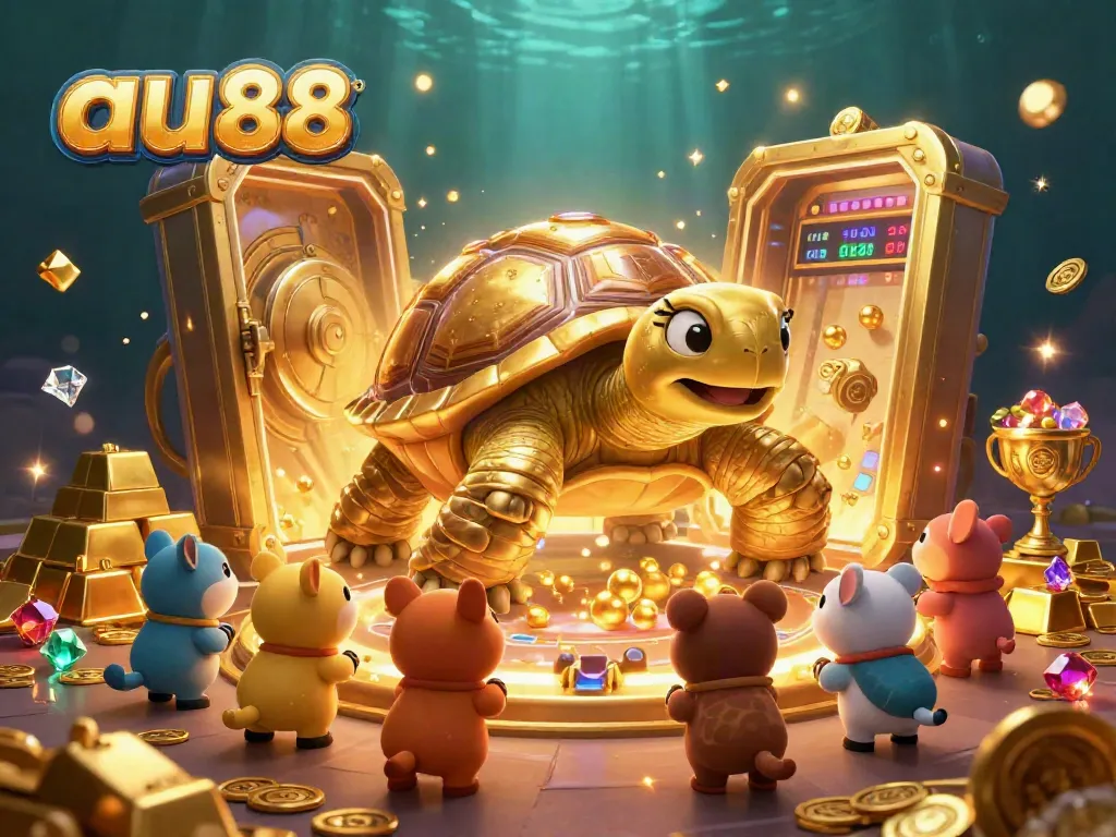 Experience the fun at au88 with a playful golden tortoise in a casino-themed scene filled with treasures.