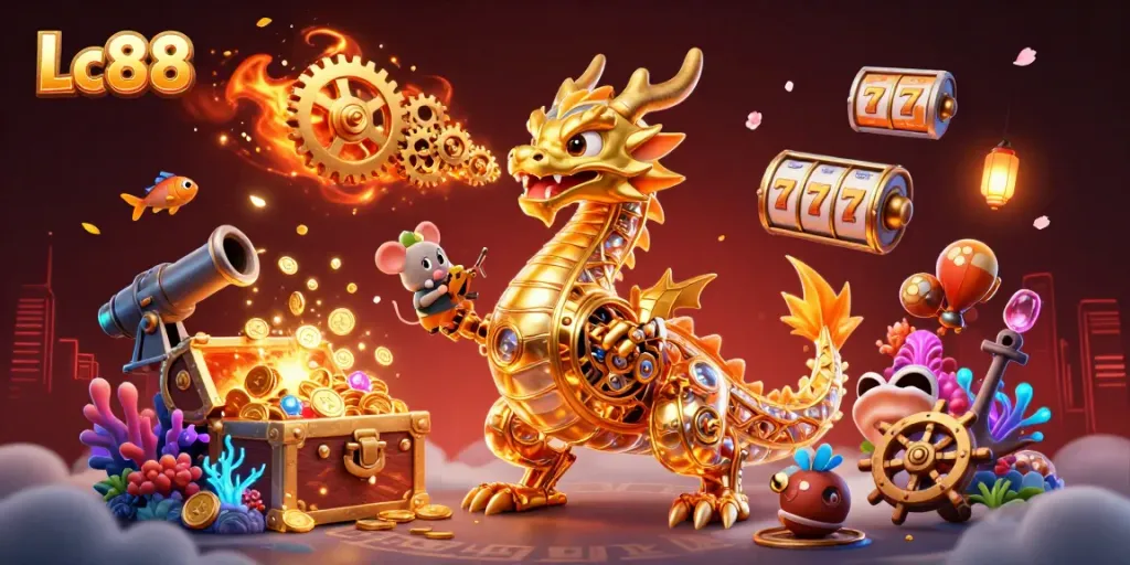 Engage with Lc88 casino excitement in a vibrant scene featuring a golden dragon and mouse engineer.