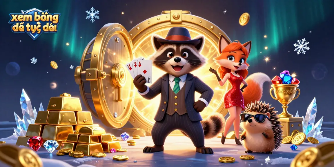Xem bóng đá trực tiếp with raccoon and fox characters, showcasing a lavish casino scene.