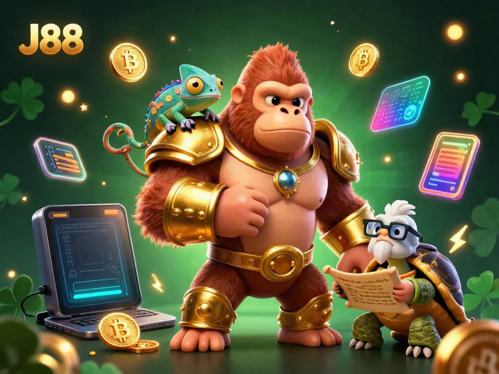 Win big with J88 while enjoying a vibrant casino-themed digital experience featuring rich 3D characters and elements.