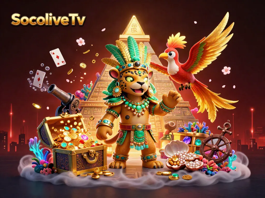 SocoliveTv action-packed scene with a Mayan jaguar priest and treasures illuminated beneath vibrant underwater elements.