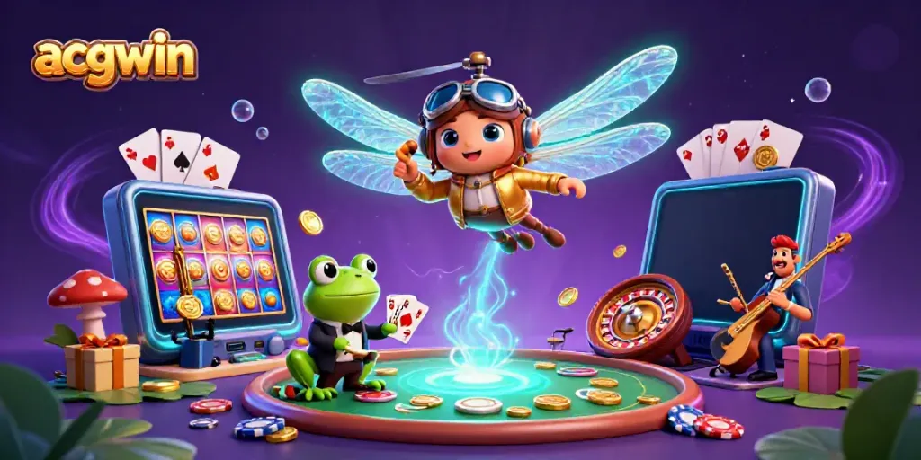 Experience the excitement of acgwin with a lively casino scene featuring a dragonfly pilot and frog croupier.