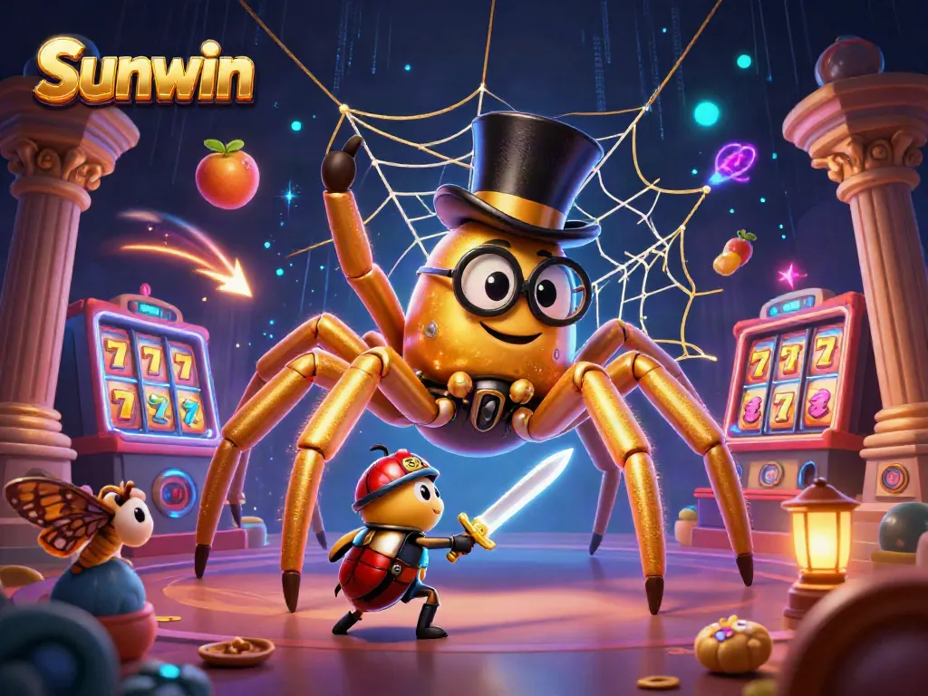 Experience Sunwin's thrilling casino games with vibrant visuals and engaging characters in a colorful 3D scene.