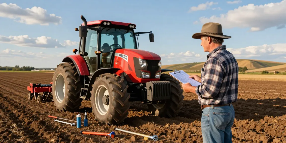 Farmer reviewing tractor details with Aglist Canada for informed equipment decisions.
