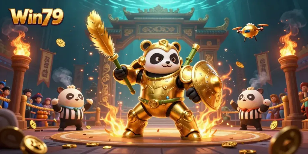 Experience thrilling gaming at Win79 with a vibrant illustration of a mech-suit panda in a colorful arena, showcasing action and excitement.