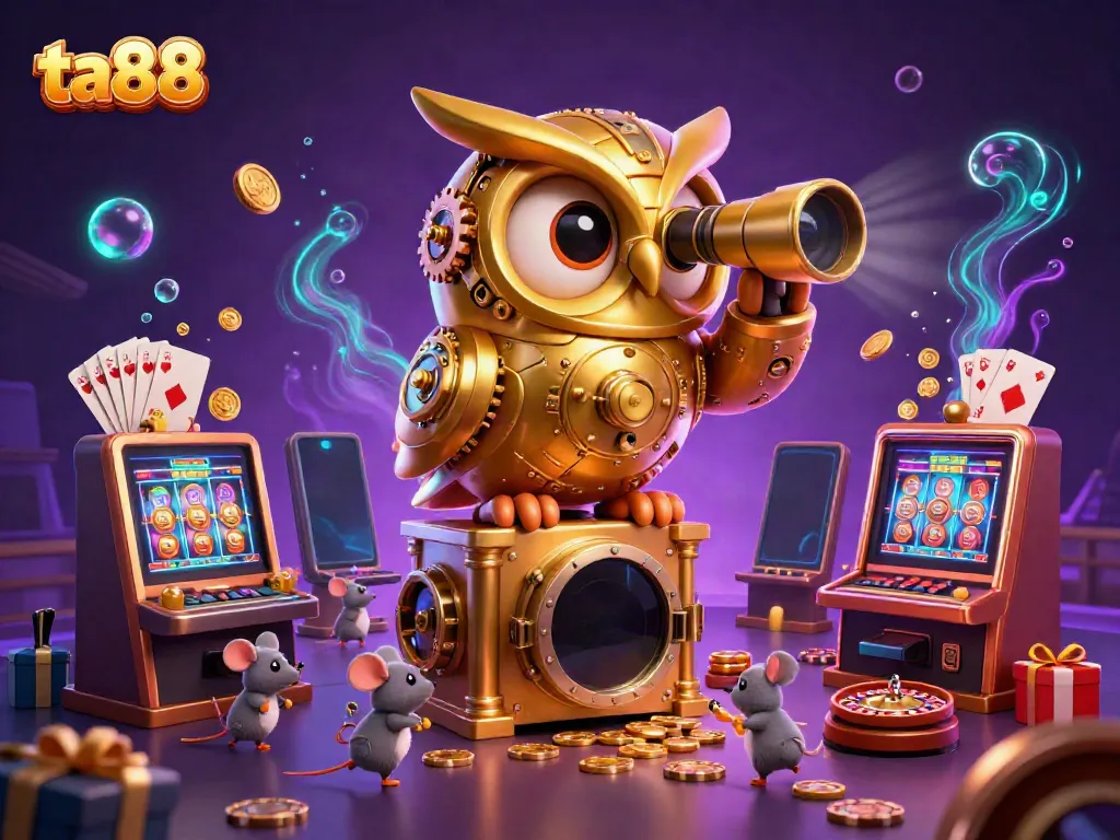 Engage with ta88 as a vibrant owl oversees the bustling casino floor filled with cheerful characters and dynamic games.