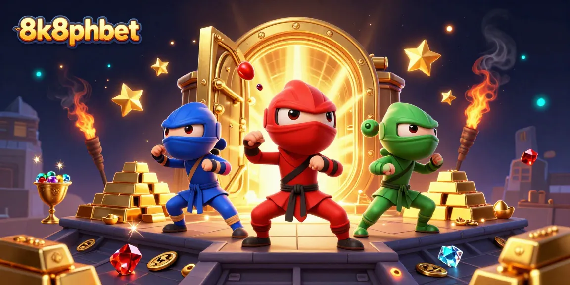 Experience action and excitement with 8k8phbet in a colorful 3D casino illustration featuring vibrant characters.