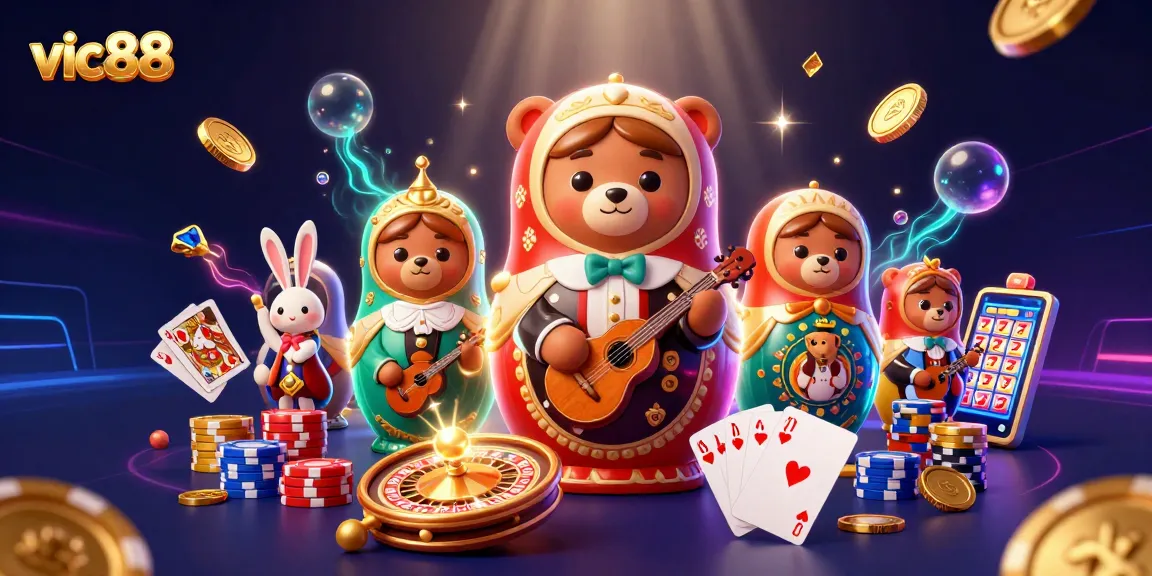 Experience vic88's vibrant casino scene with playful bears and dazzling game elements.