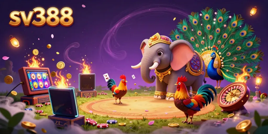 Join the excitement at sv388's colorful cockfighting arena, featuring vibrant elements and gaming action.