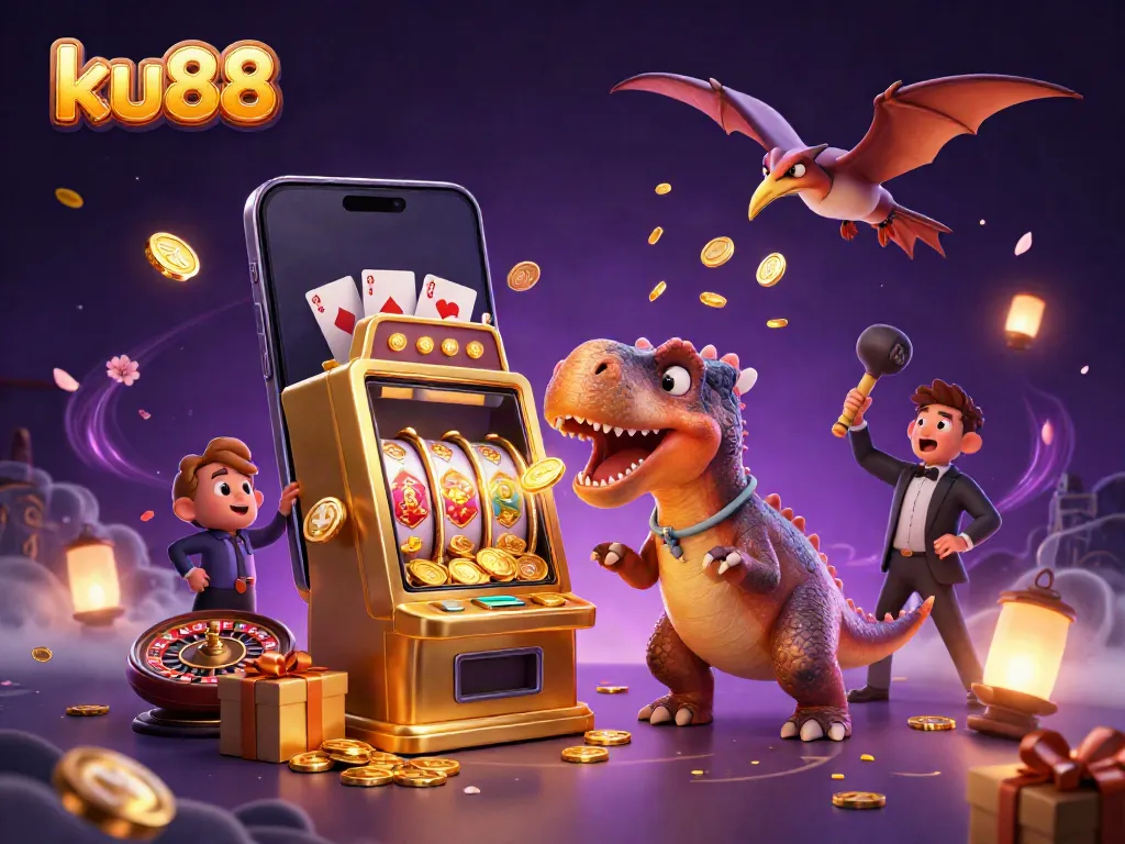 ku88 pachycephalosaurus wins big at the slot machine amidst a vibrant casino scene