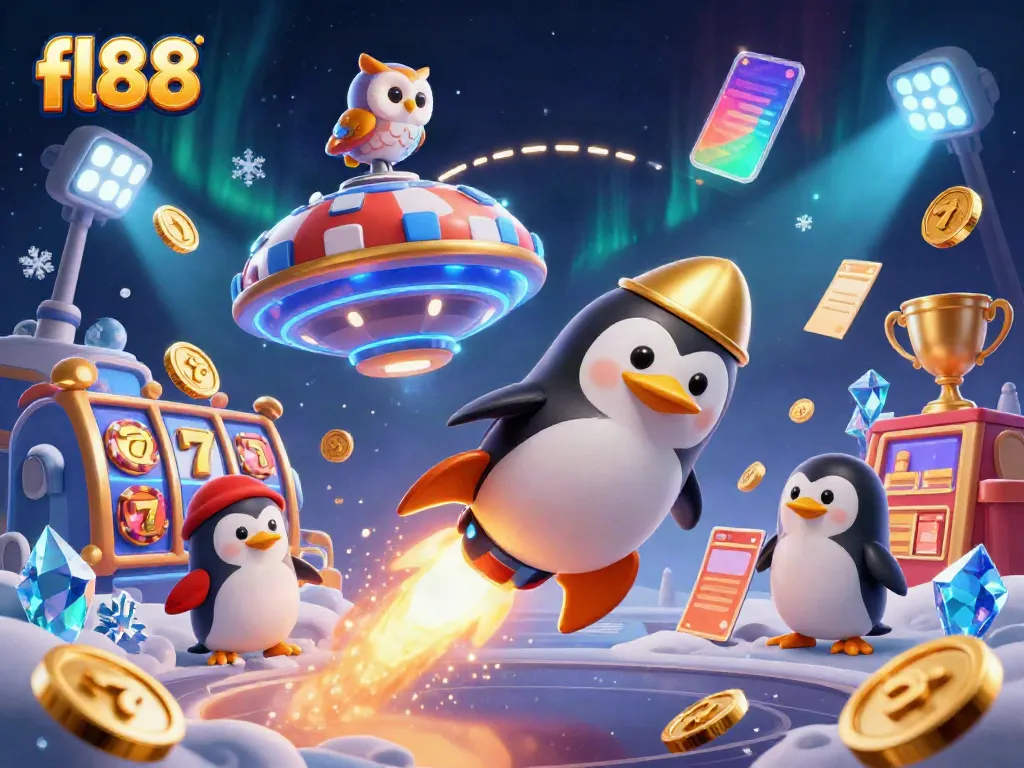 Experience fl88's thrilling games with a golden penguin soaring towards a casino-themed space!