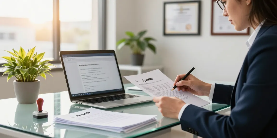 Legal consultant reviewing apostile documents in a modern office setting.