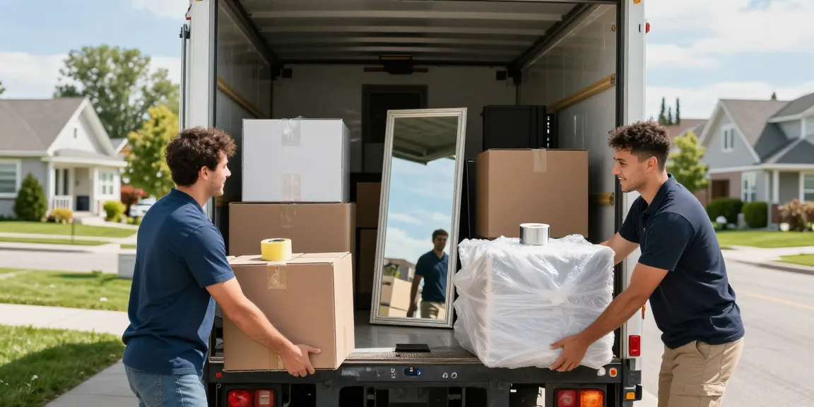 Professional moving services in Calgary with expert movers handling furniture and boxes in a sunny neighborhood, showcasing organized relocation.