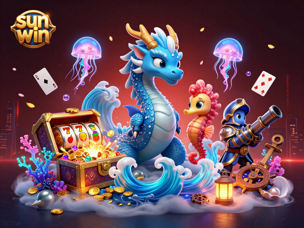 Win with sun win's slot machines featuring a vibrant water dragon, seahorse knight, and treasures.