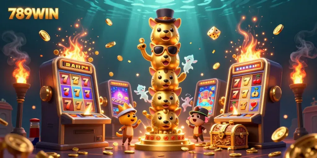 Experience thrilling games at 789WIN as golden totem poles and slot machines create a festive casino atmosphere.