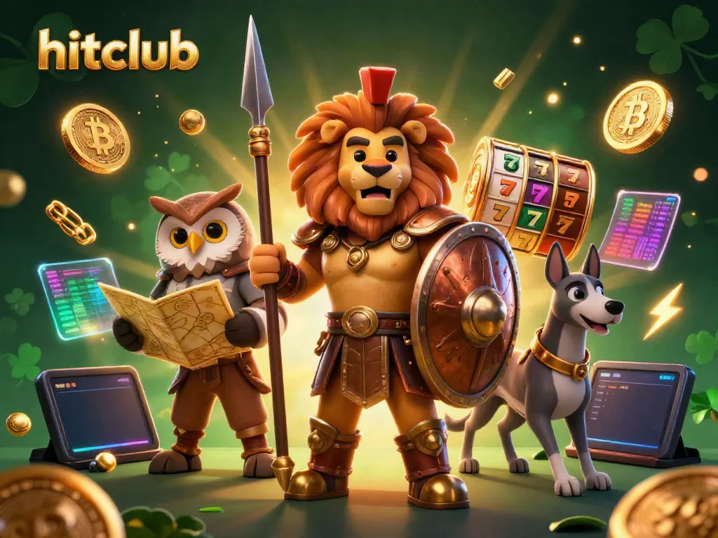 Join the hitclub adventure with an epic 3D lion, owl strategist, and greyhound amidst slot machines and crypto elements.