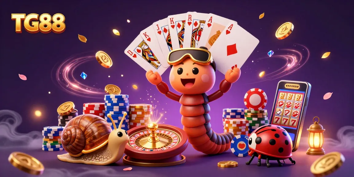 Win big with TG88 as a whimsical millipede dealer showcases cards while coins and gems cascade around a vibrant casino!