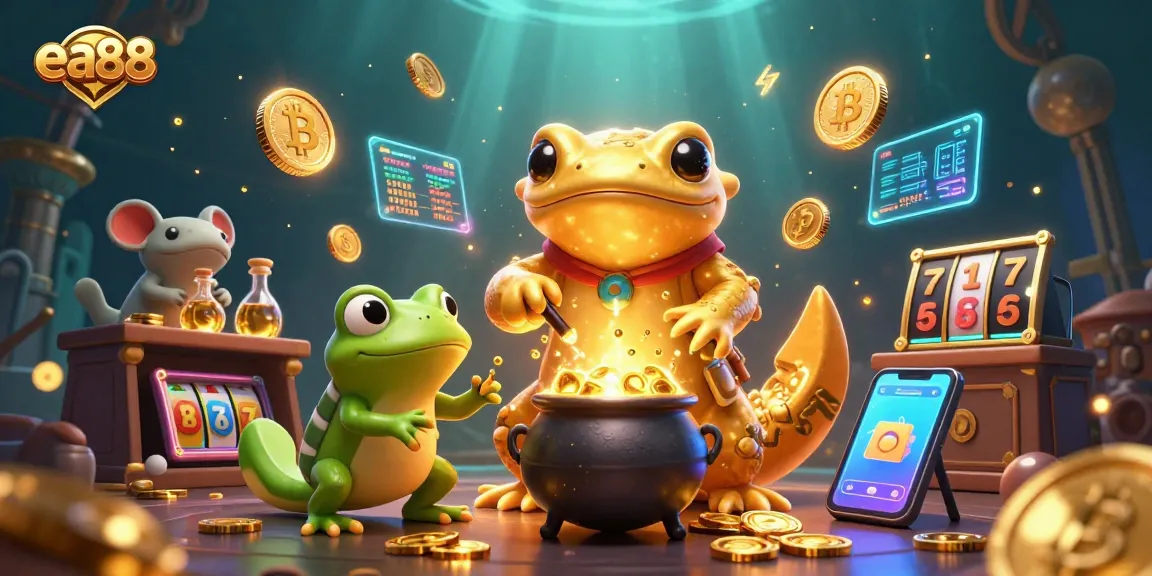 Experience the ea88 magic with a golden alchemist and frog helper in a vibrant casino lab.