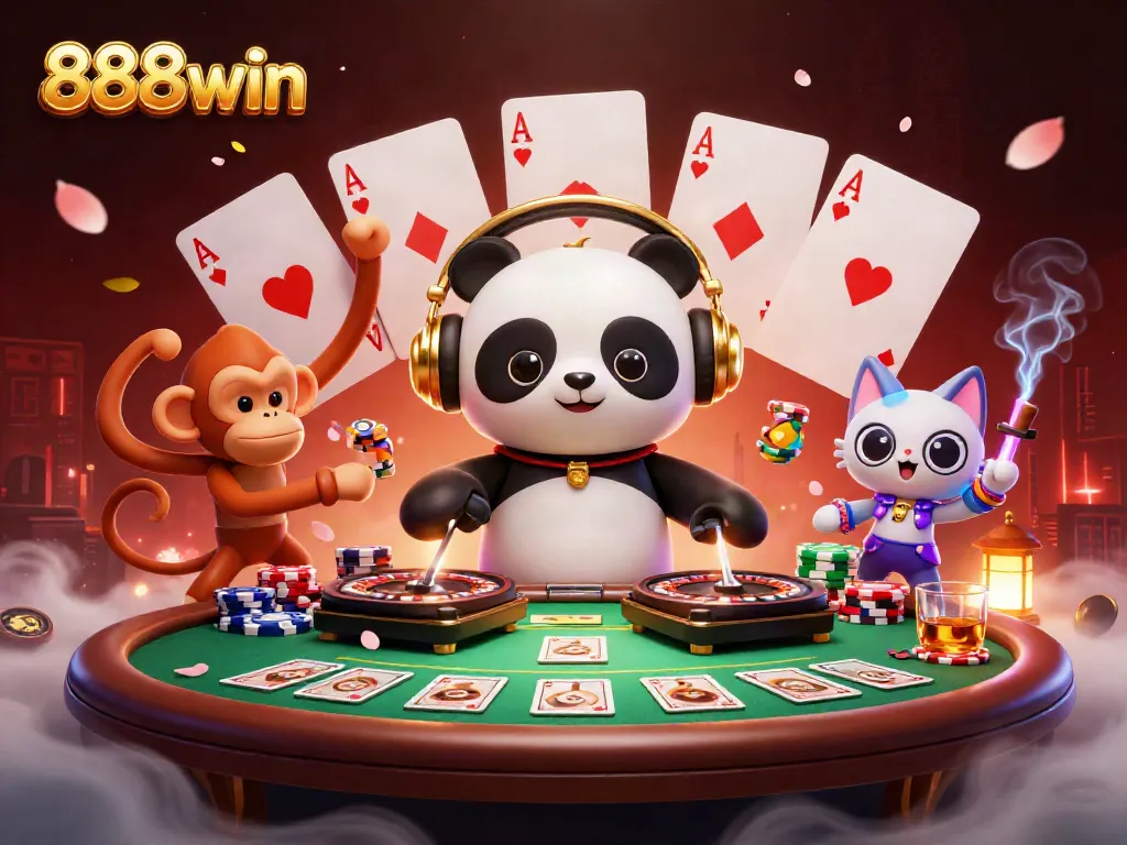 Experience vibrant gaming action with 888win featuring a cartoon DJ panda at an exciting casino scene.