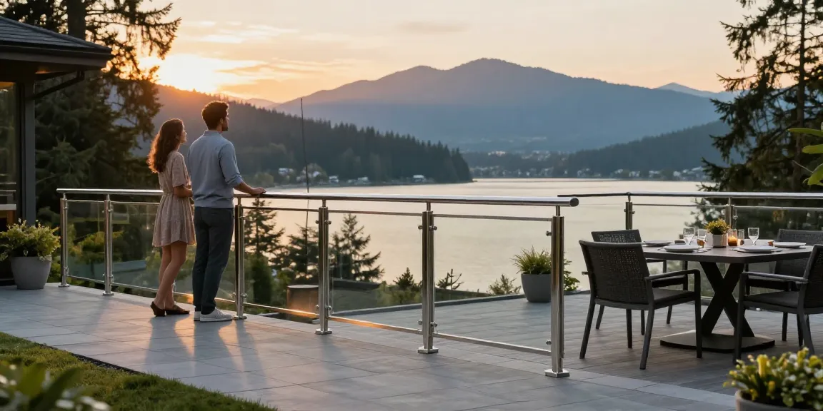 Custom railing north vancouver enhancing outdoor deck style, featuring stainless steel and glass design against sunset backdrop.