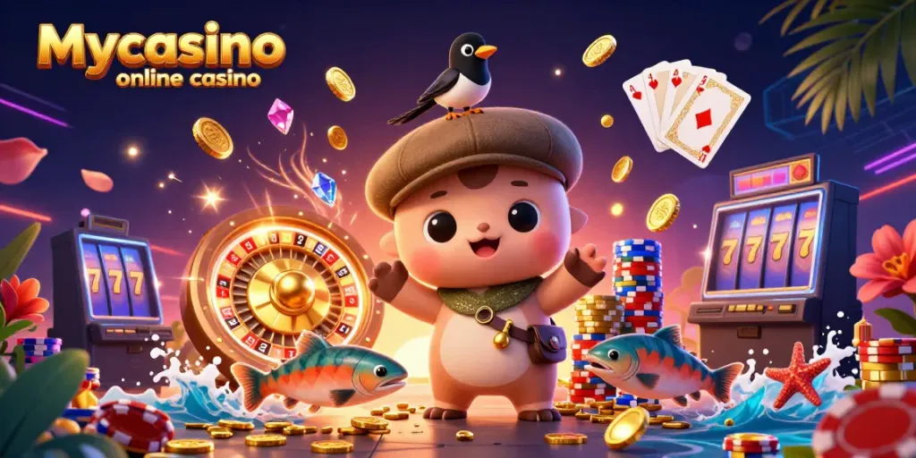 Experience the thrill of Mycasino online casino with vibrant characters and exciting game elements.