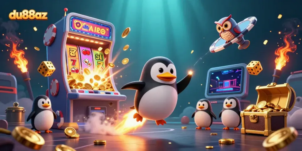 Experience the excitement of du88az with a golden penguin blasting through space toward a casino space station.