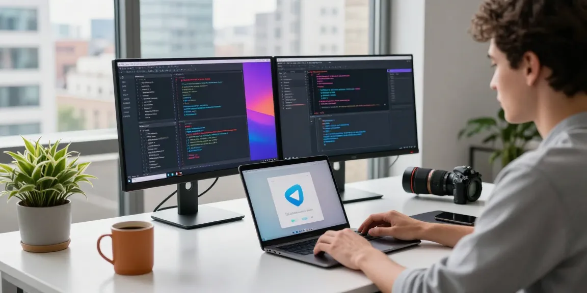 Developer focused on Telegram download in a modern tech workspace with vibrant screens and natural light.