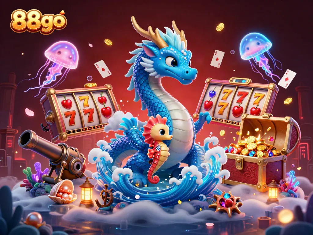 Engage with 88go's thrilling casino adventure featuring a dragon, seahorse, and scattered slot elements.