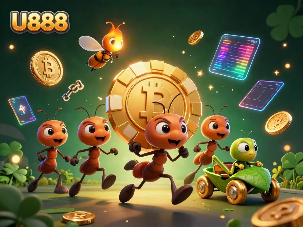 U888 ants carrying a massive poker chip in a thrilling heist scene enriched with crypto elements.