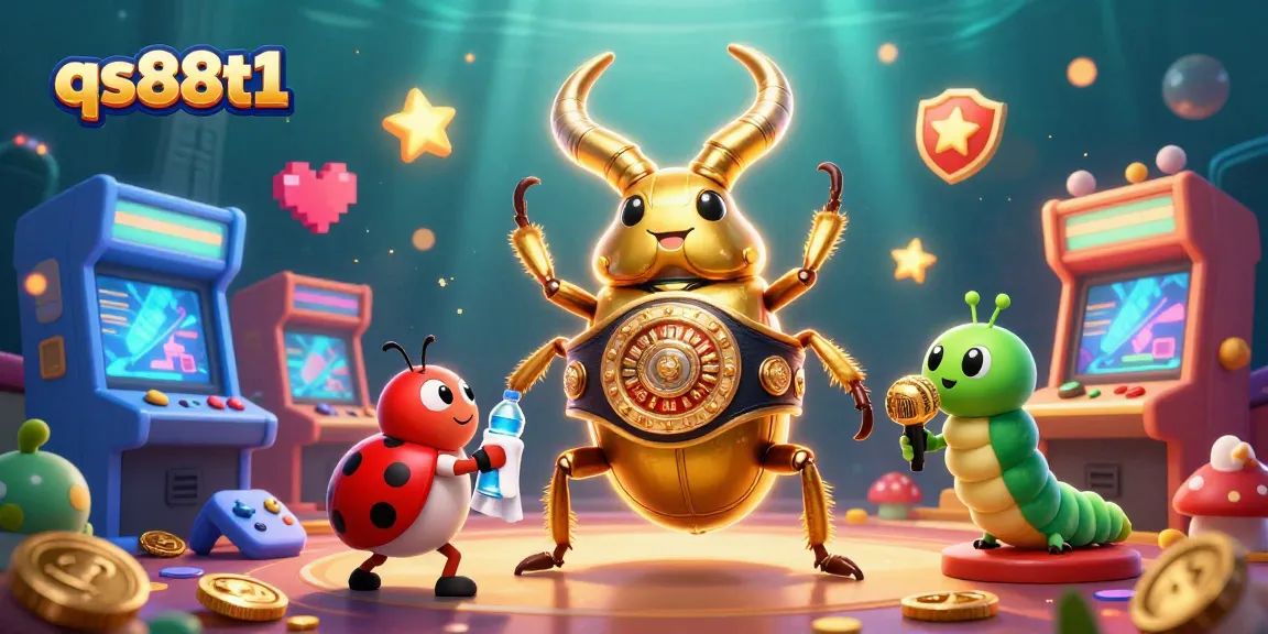 Engage with qs88t1, showcasing an energetic scene featuring a champion beetle and gaming elements in a vibrant casino atmosphere.
