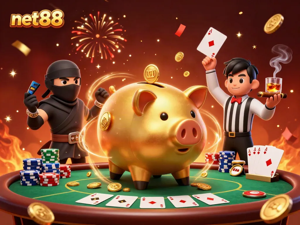 Experience the thrilling action of net88 with vibrant characters and casino elements in a festive atmosphere.
