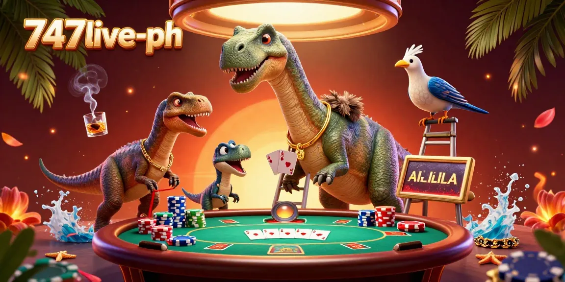 Engage with the exciting scene at 747live-ph featuring a brontosaurus and a clever raptor dealing cards at a vibrant poker table.