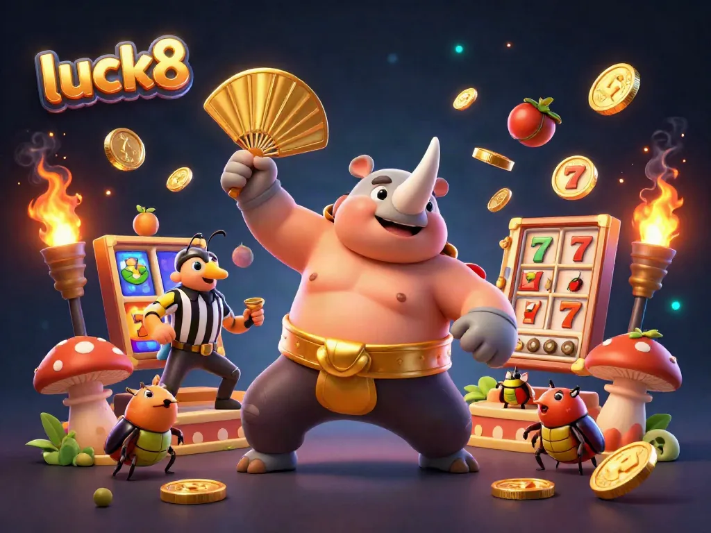 Engaging scene depicting the luck8 casino experience with a sumo champion beetle and jackpot elements.