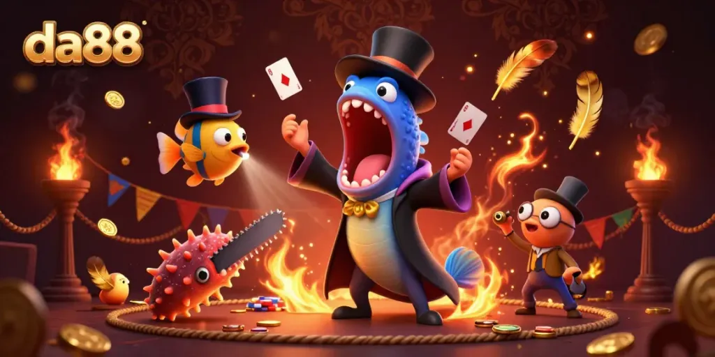 Watch the da88 mascot, a magical eel, perform a dazzling card trick in a vibrant casino scene.