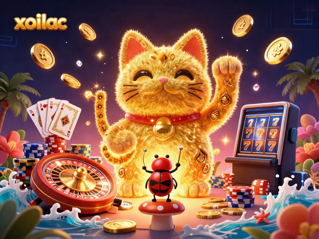 Xoilac brings luck with a golden cat in a dynamic casino scene filled with coins and cards.
