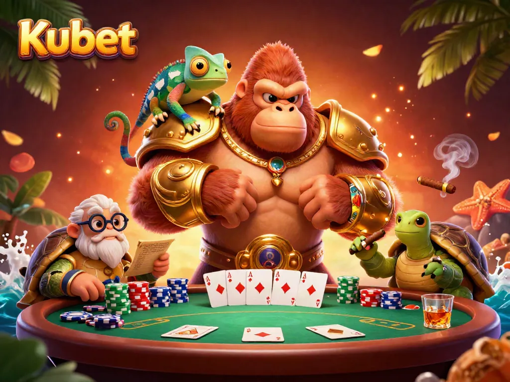 Kubet players enjoy poker with a powerful cartoon gorilla and a wise tortoise in a vibrant casino setting.