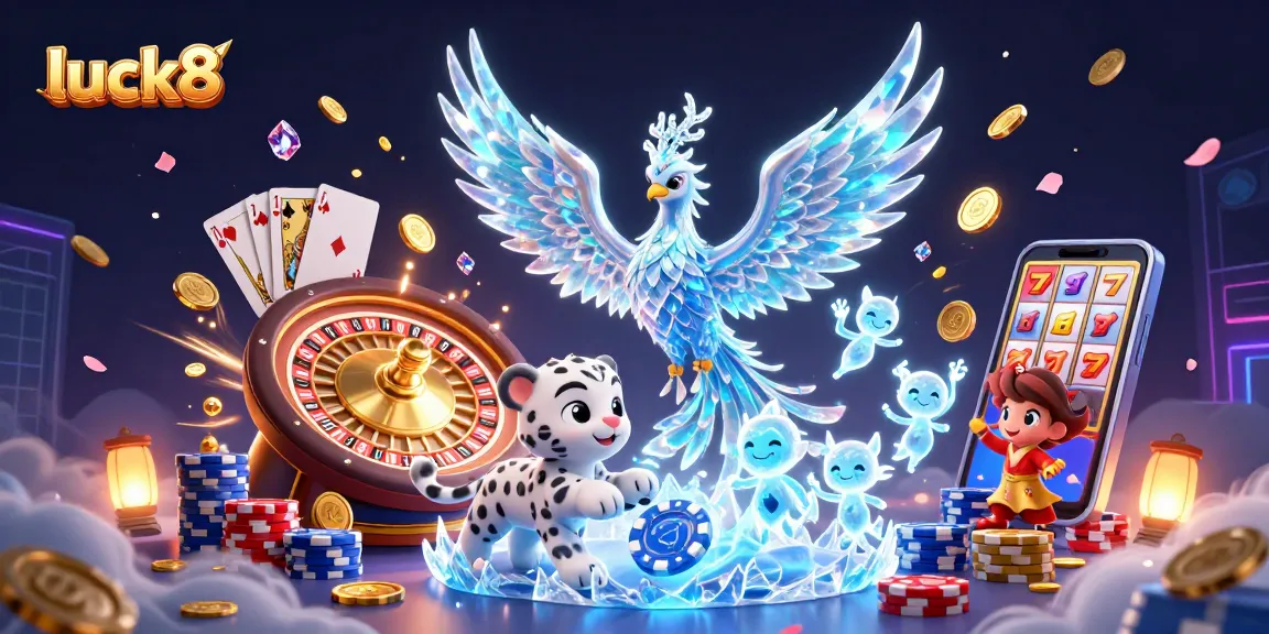 Engage with the luck8 gaming experience featuring a lively scene with a snow leopard cub and an ice phoenix amidst flying coins and cards.